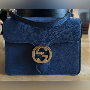 Gucci GG Interlocking Caspian Blue Leather Crossbody Bag with Gold Accent